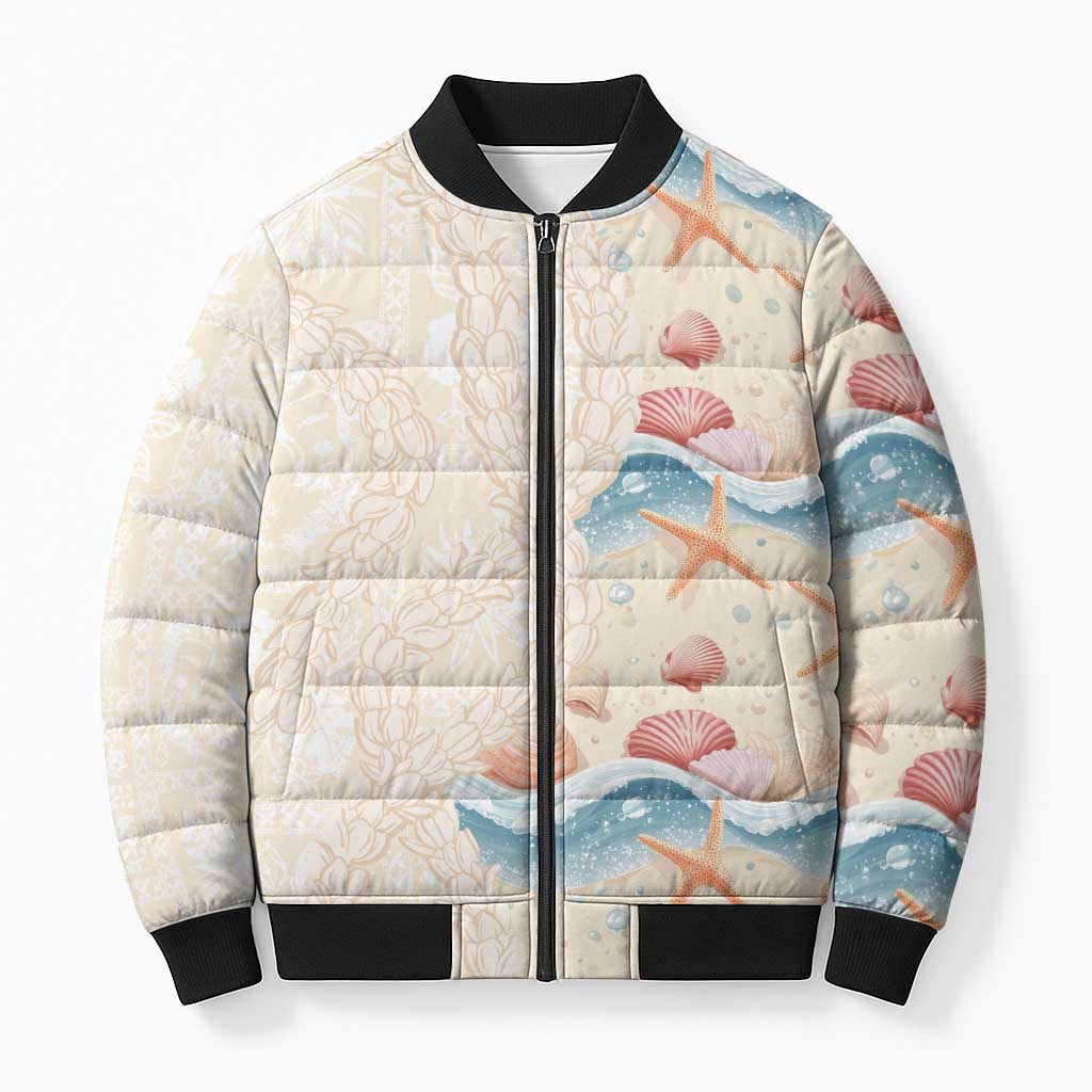 Beige Hawaii Lei Seashells Starfish Bomber Puffer Jacket Sandy Sylized - Polynesian Pride