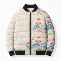 Beige Hawaii Lei Seashells Starfish Bomber Puffer Jacket Sandy Sylized - Polynesian Pride