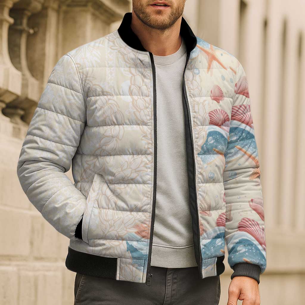 Beige Hawaii Lei Seashells Starfish Bomber Puffer Jacket Sandy Sylized - Polynesian Pride