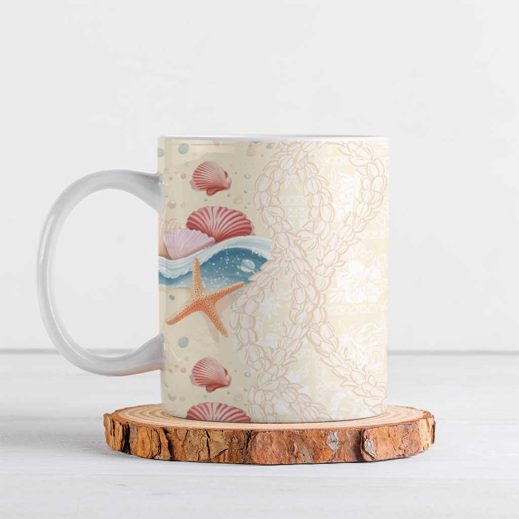 Beige Hawaii Lei Seashells Starfish Ceramic Mug Sandy Sylized - Polynesian Pride