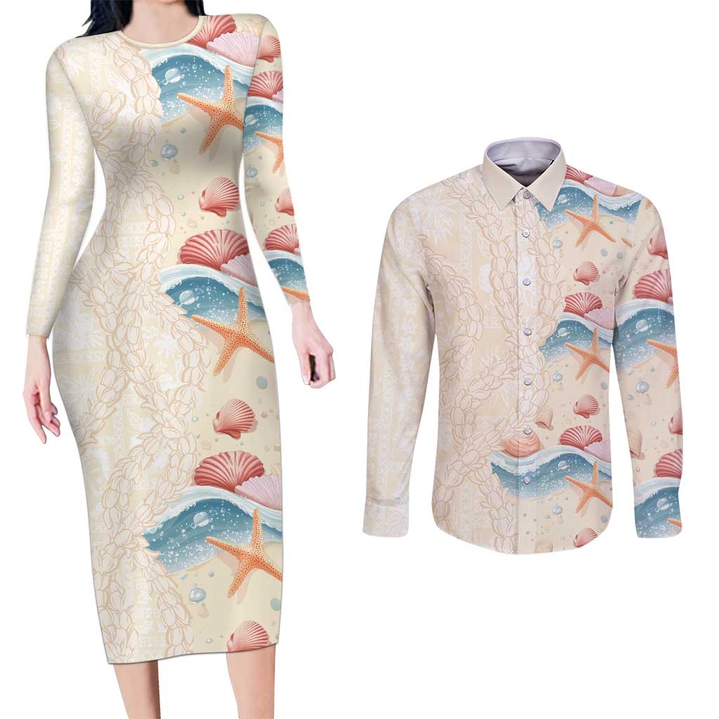 Beige Hawaii Lei Seashells Starfish Couples Matching Long Sleeve Bodycon Dress and Long Sleeve Button Shirt Sandy Sylized - Polynesian Pride