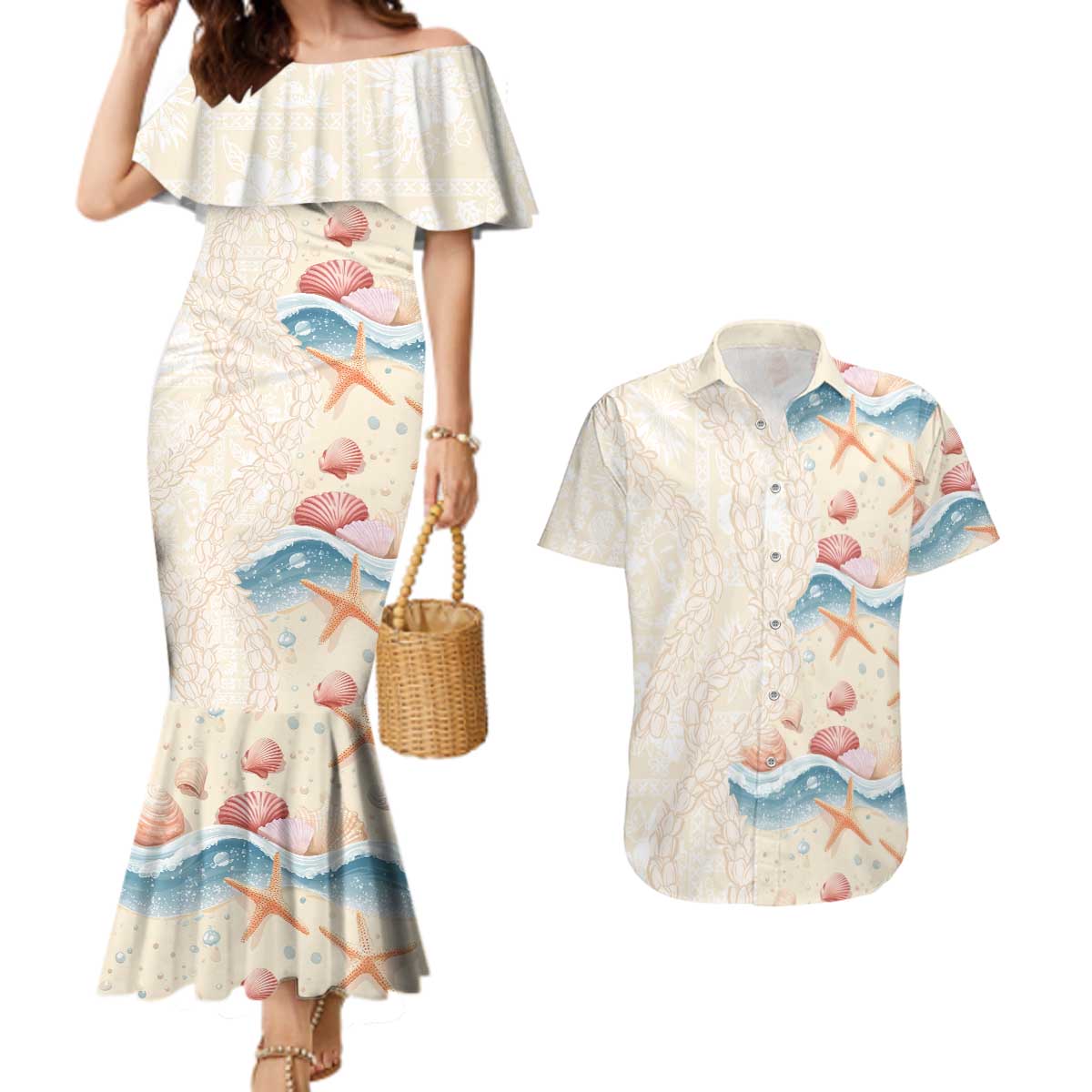 Beige Hawaii Lei Seashells Starfish Couples Matching Mermaid Dress and Hawaiian Shirt Sandy Sylized - Polynesian Pride