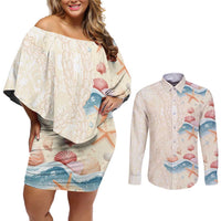 Beige Hawaii Lei Seashells Starfish Couples Matching Off Shoulder Short Dress and Long Sleeve Button Shirt Sandy Sylized - Polynesian Pride