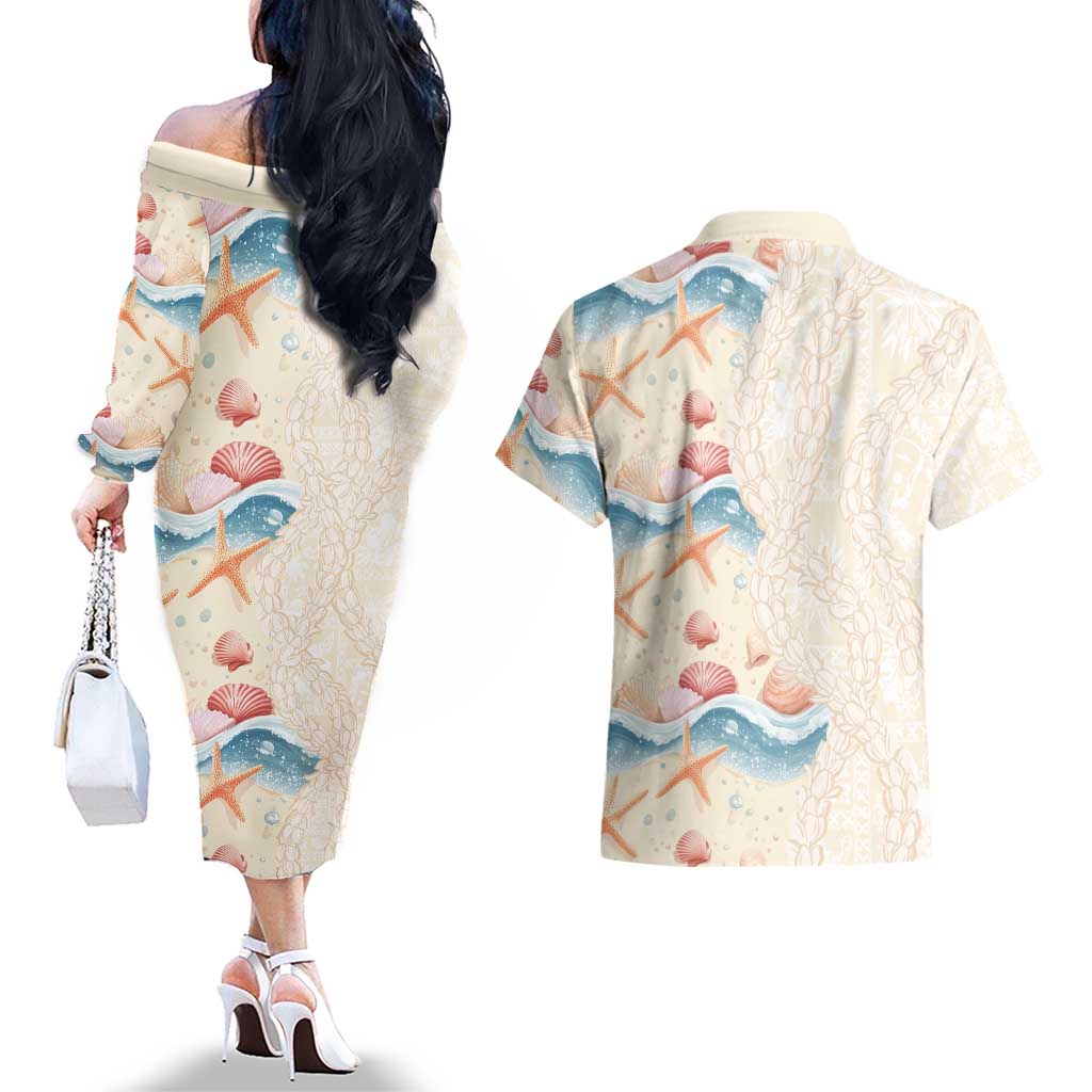 Beige Hawaii Lei Seashells Starfish Couples Matching Off The Shoulder Long Sleeve Dress and Hawaiian Shirt Sandy Sylized - Polynesian Pride