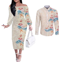 Beige Hawaii Lei Seashells Starfish Couples Matching Off The Shoulder Long Sleeve Dress and Long Sleeve Button Shirt Sandy Sylized - Polynesian Pride