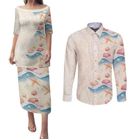 Beige Hawaii Lei Seashells Starfish Couples Matching Puletasi and Long Sleeve Button Shirt Sandy Sylized - Polynesian Pride