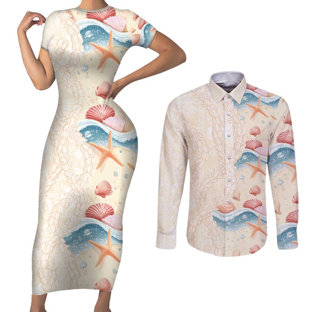 Beige Hawaii Lei Seashells Starfish Couples Matching Short Sleeve Bodycon Dress and Long Sleeve Button Shirt Sandy Sylized - Polynesian Pride