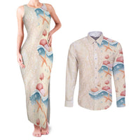 Beige Hawaii Lei Seashells Starfish Couples Matching Tank Maxi Dress and Long Sleeve Button Shirt Sandy Sylized - Polynesian Pride