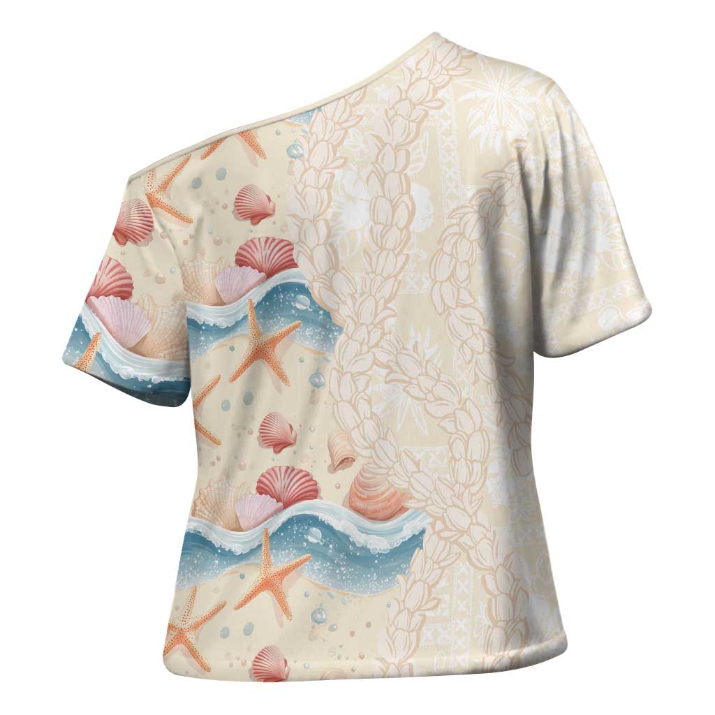 Beige Hawaii Lei Seashells Starfish Cross Shoulder Shirt Sandy Sylized - Polynesian Pride