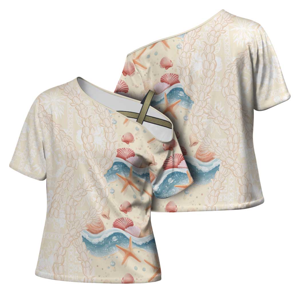 Beige Hawaii Lei Seashells Starfish Cross Shoulder Shirt Sandy Sylized - Polynesian Pride