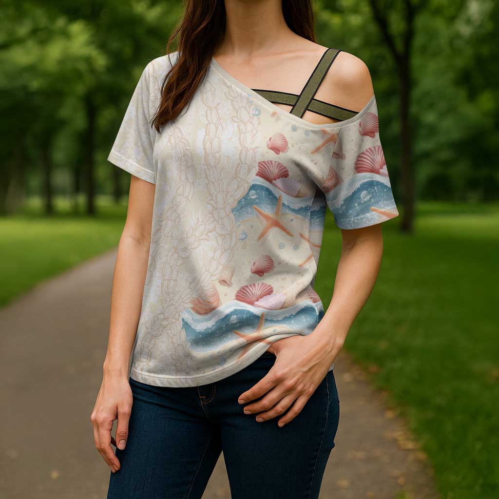 Beige Hawaii Lei Seashells Starfish Cross Shoulder Shirt Sandy Sylized - Polynesian Pride