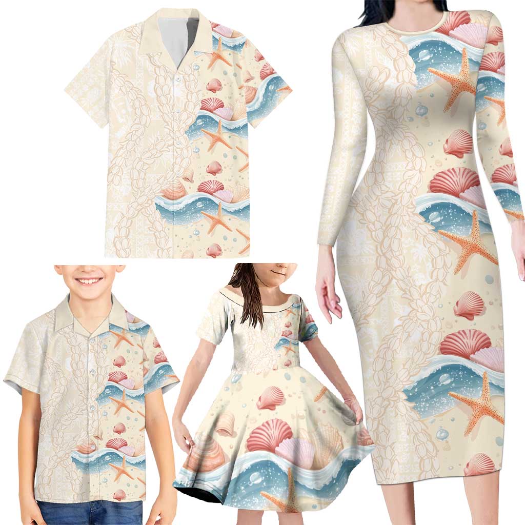 Beige Hawaii Lei Seashells Starfish Family Matching Long Sleeve Bodycon Dress and Hawaiian Shirt Sandy Sylized - Polynesian Pride