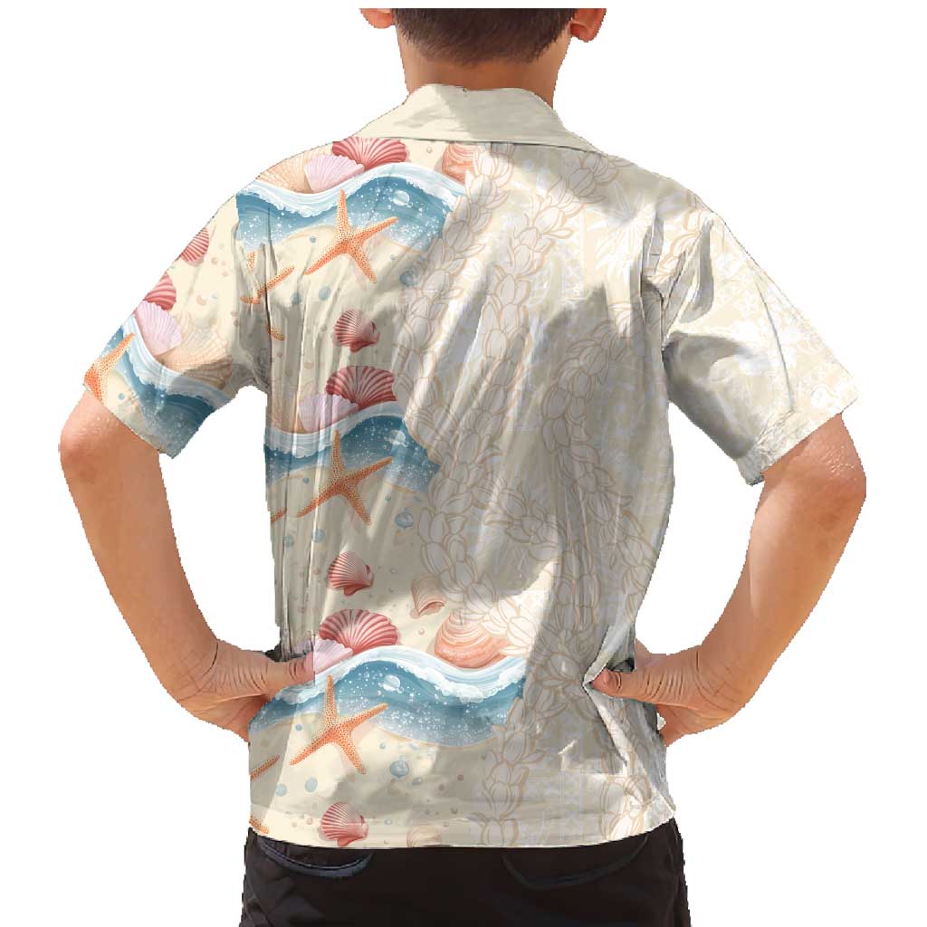 Beige Hawaii Lei Seashells Starfish Family Matching Mermaid Dress and Hawaiian Shirt Sandy Sylized - Polynesian Pride