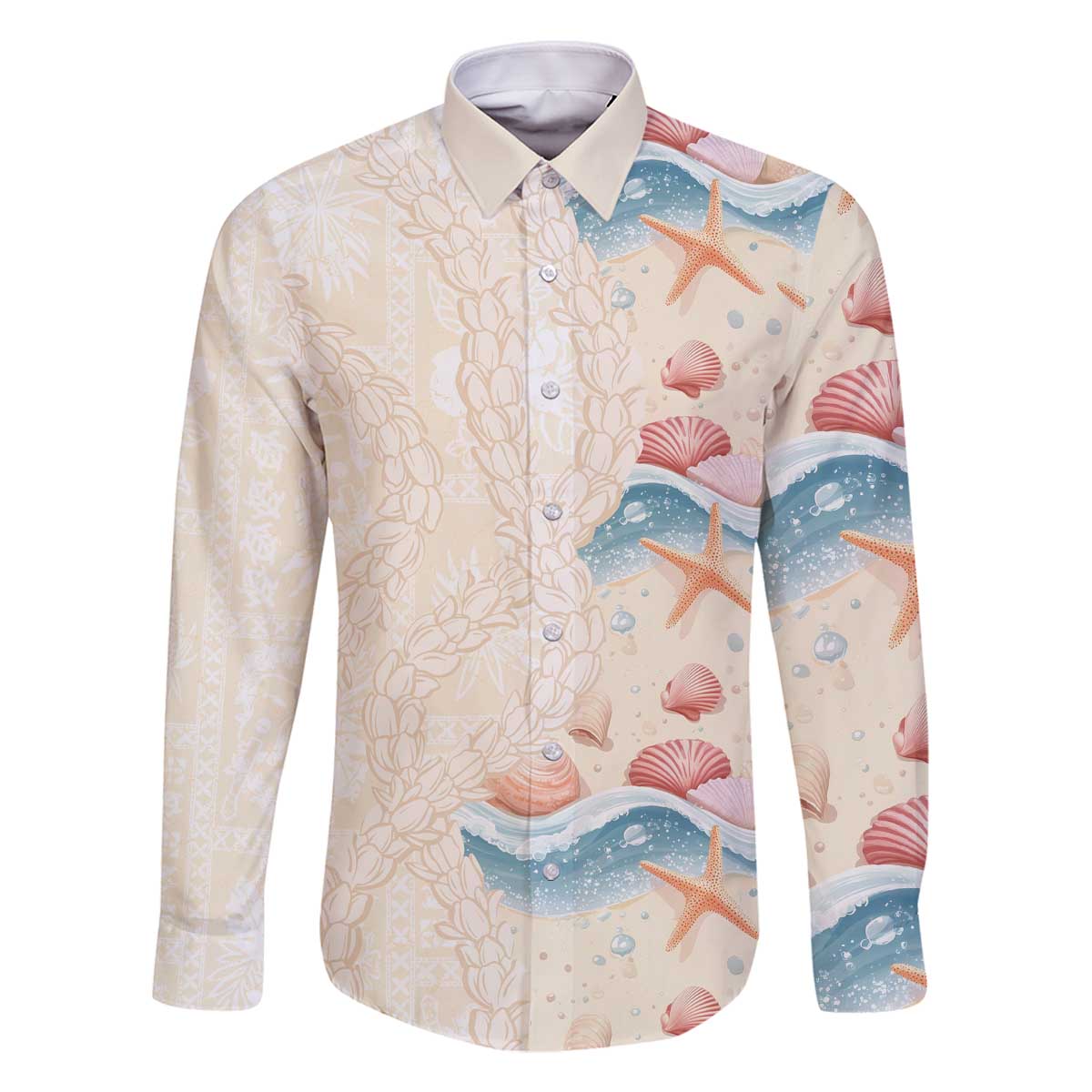 Beige Hawaii Lei Seashells Starfish Family Matching Off The Shoulder Long Sleeve Dress and Hawaiian Shirt Sandy Sylized - Polynesian Pride