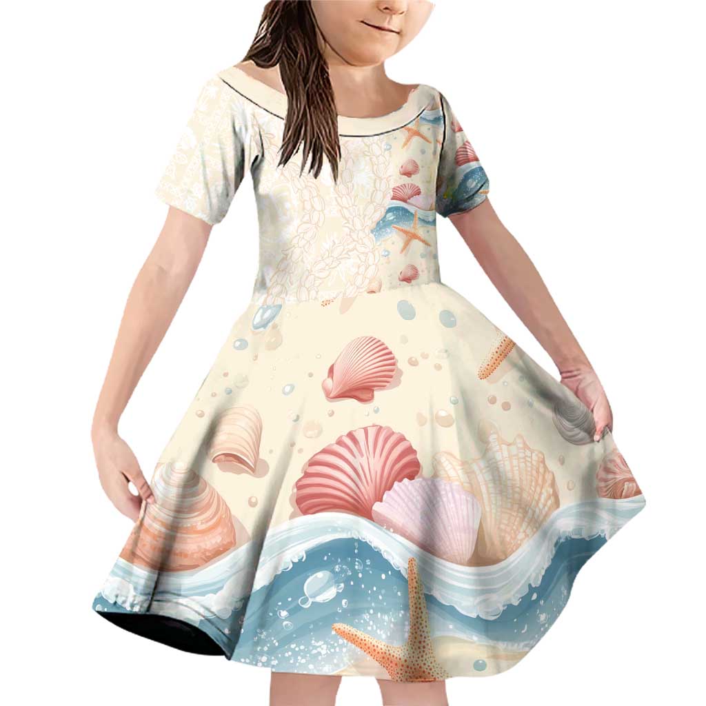 Beige Hawaii Lei Seashells Starfish Family Matching Off Shoulder Short Dress and Hawaiian Shirt Sandy Sylized - Polynesian Pride