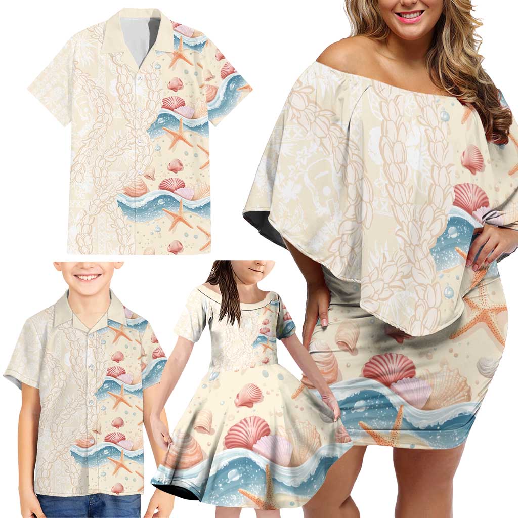 Beige Hawaii Lei Seashells Starfish Family Matching Off Shoulder Short Dress and Hawaiian Shirt Sandy Sylized - Polynesian Pride