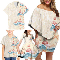 Beige Hawaii Lei Seashells Starfish Family Matching Off Shoulder Short Dress and Hawaiian Shirt Sandy Sylized - Polynesian Pride