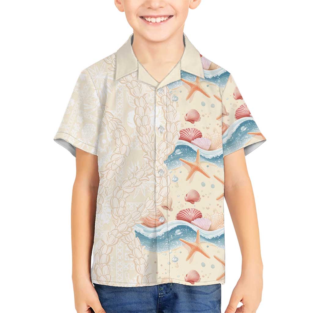 Beige Hawaii Lei Seashells Starfish Family Matching Off Shoulder Short Dress and Hawaiian Shirt Sandy Sylized - Polynesian Pride