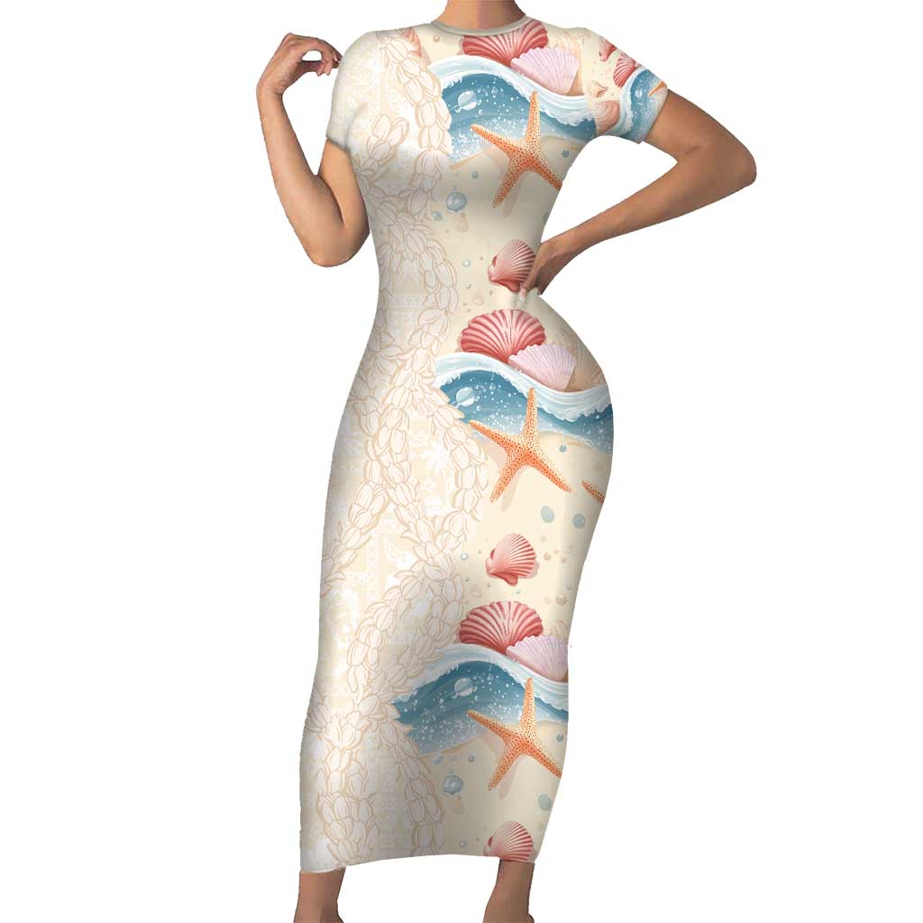 Beige Hawaii Lei Seashells Starfish Family Matching Short Sleeve Bodycon Dress and Hawaiian Shirt Sandy Sylized - Polynesian Pride