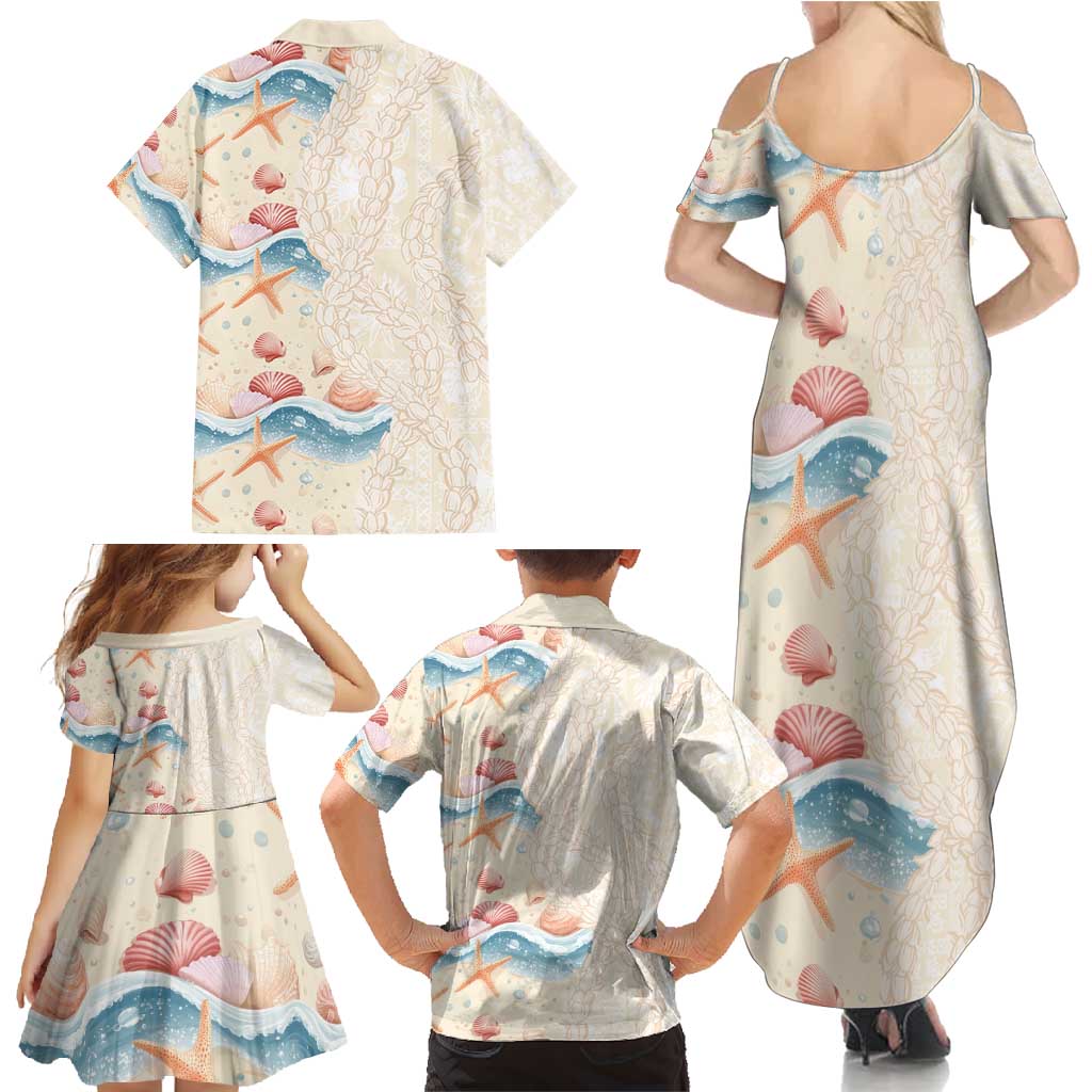 Beige Hawaii Lei Seashells Starfish Family Matching Summer Maxi Dress and Hawaiian Shirt Sandy Sylized - Polynesian Pride