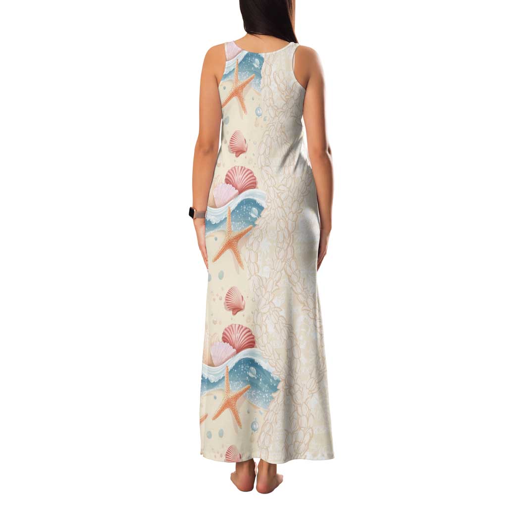 Beige Hawaii Lei Seashells Starfish Family Matching Tank Maxi Dress and Hawaiian Shirt Sandy Sylized - Polynesian Pride