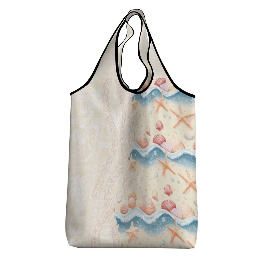 Beige Hawaii Lei Seashells Starfish Grocery Bag Sandy Sylized - Polynesian Pride