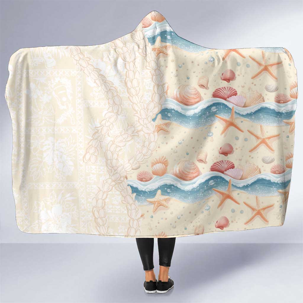 Beige Hawaii Lei Seashells Starfish Hooded Blanket Sandy Sylized - Polynesian Pride