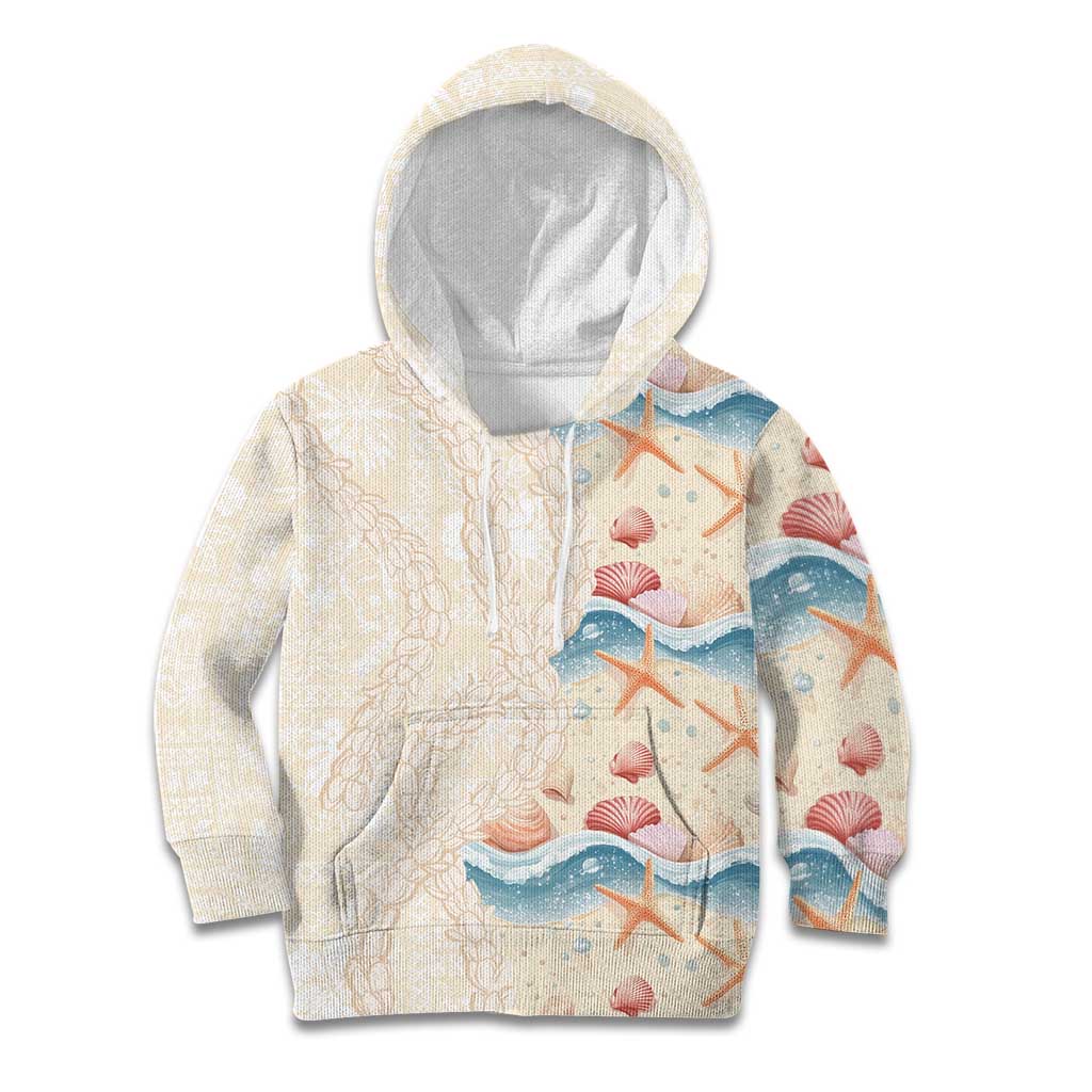Beige Hawaii Lei Seashells Starfish Kid Hoodie Sandy Sylized - Polynesian Pride