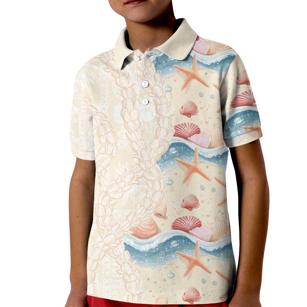 Beige Hawaii Lei Seashells Starfish Kid Polo Shirt Sandy Sylized - Polynesian Pride
