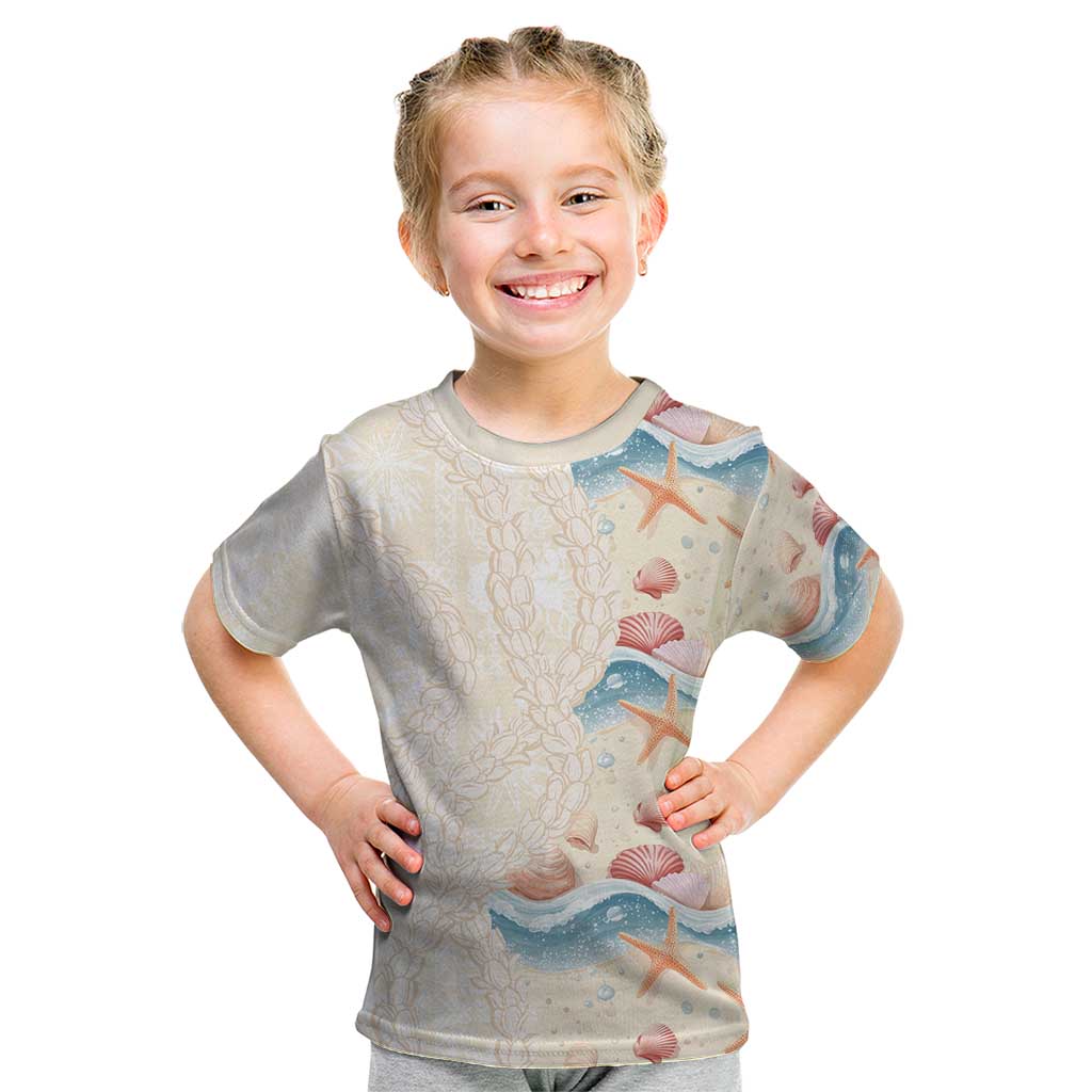 Beige Hawaii Lei Seashells Starfish Kid T Shirt Sandy Sylized - Polynesian Pride
