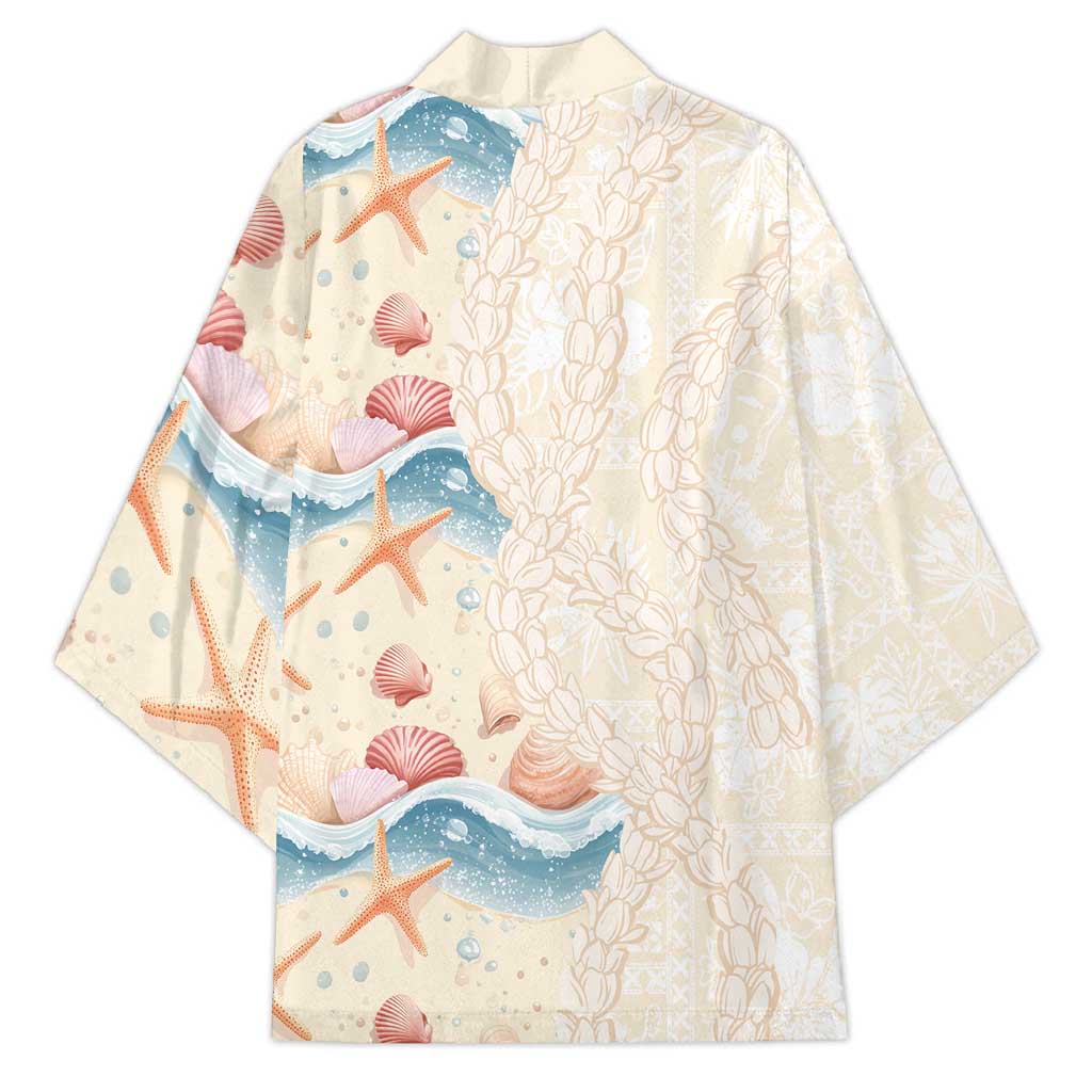 Beige Hawaii Lei Seashells Starfish Kimono Sandy Sylized - Polynesian Pride