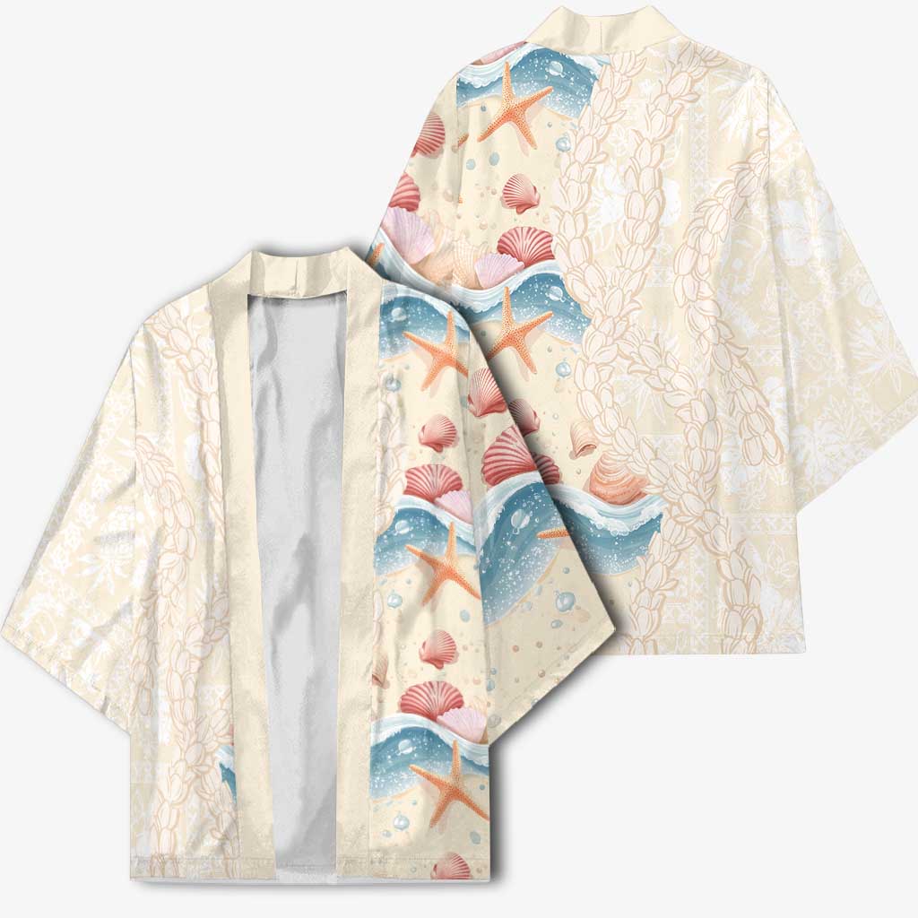Beige Hawaii Lei Seashells Starfish Kimono Sandy Sylized - Polynesian Pride