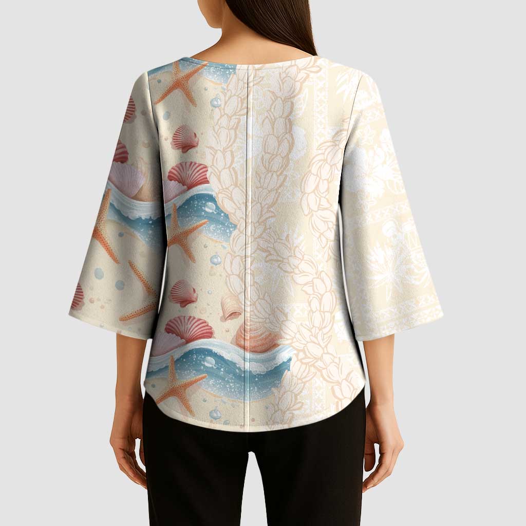 Beige Hawaii Lei Seashells Starfish Kimono Sleeve Blouse Sandy Sylized - Polynesian Pride