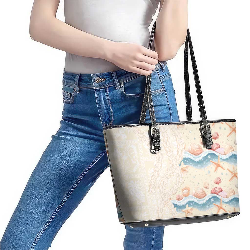 Beige Hawaii Lei Seashells Starfish Leather Tote Bag Sandy Sylized - Polynesian Pride