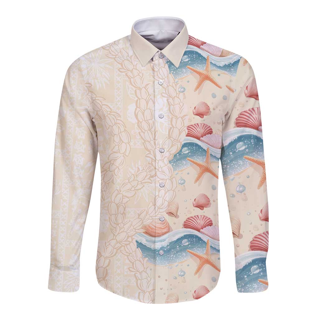 Beige Hawaii Lei Seashells Starfish Long Sleeve Button Shirt Sandy Sylized - Polynesian Pride