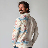 Beige Hawaii Lei Seashells Starfish Long Sleeve Polo Shirt Sandy Sylized - Polynesian Pride