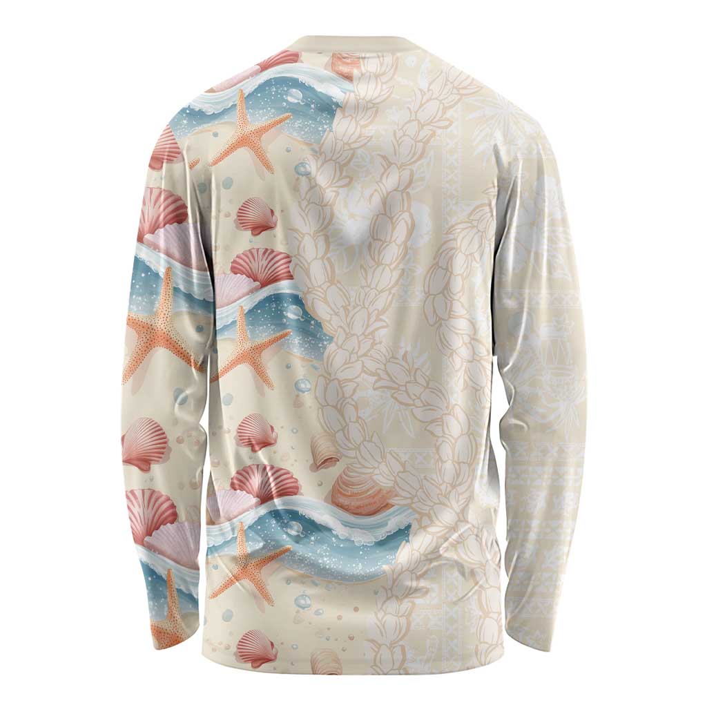 Beige Hawaii Lei Seashells Starfish Long Sleeve Shirt Sandy Sylized - Polynesian Pride