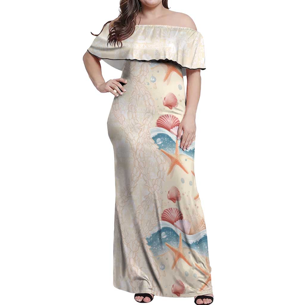 Beige Hawaii Lei Seashells Starfish Off Shoulder Maxi Dress Sandy Sylized - Polynesian Pride
