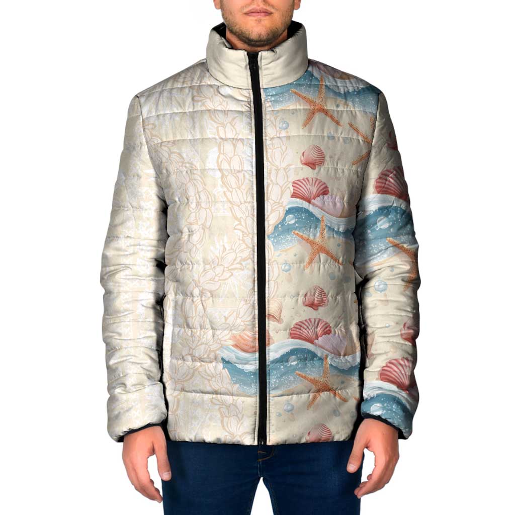 Beige Hawaii Lei Seashells Starfish Padded Jacket Sandy Sylized - Polynesian Pride
