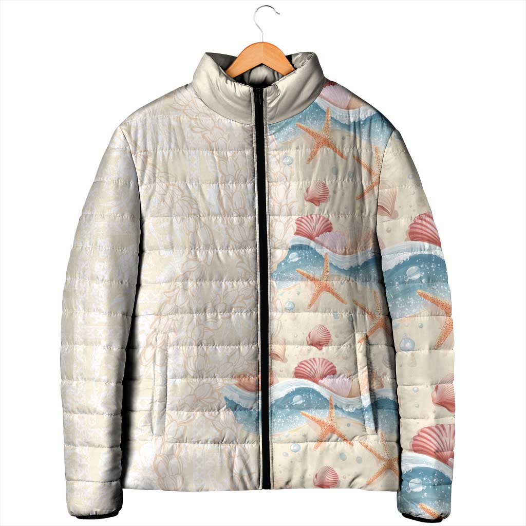 Beige Hawaii Lei Seashells Starfish Padded Jacket Sandy Sylized - Polynesian Pride