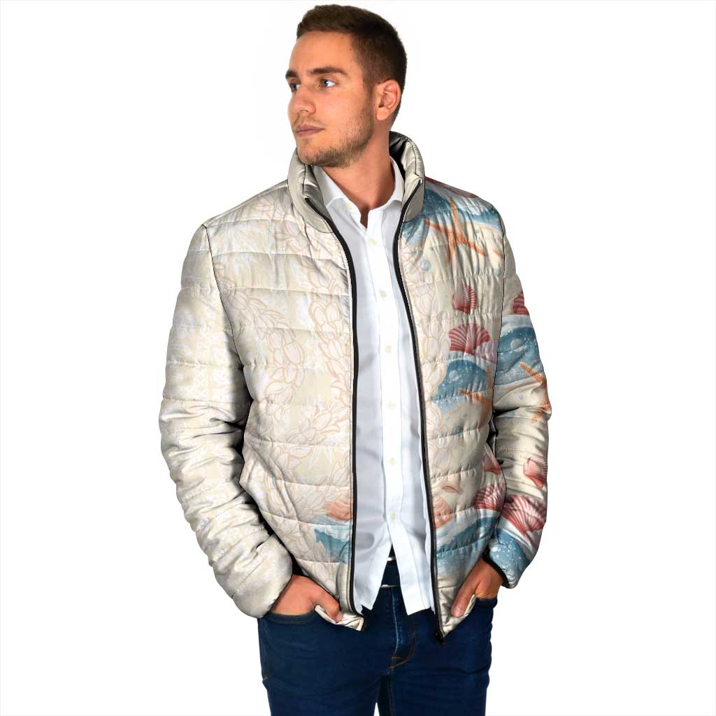 Beige Hawaii Lei Seashells Starfish Padded Jacket Sandy Sylized - Polynesian Pride
