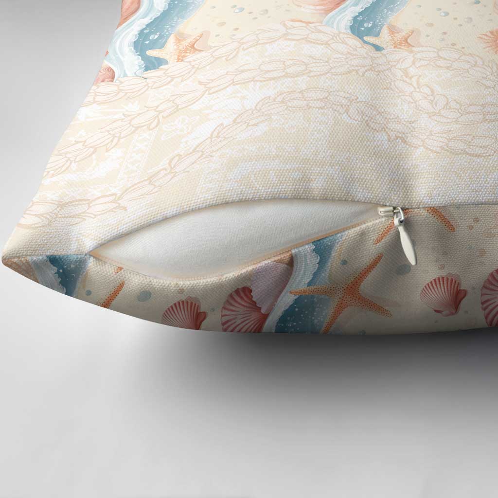 Beige Hawaii Lei Seashells Starfish Pillow Cover Sandy Sylized - Polynesian Pride