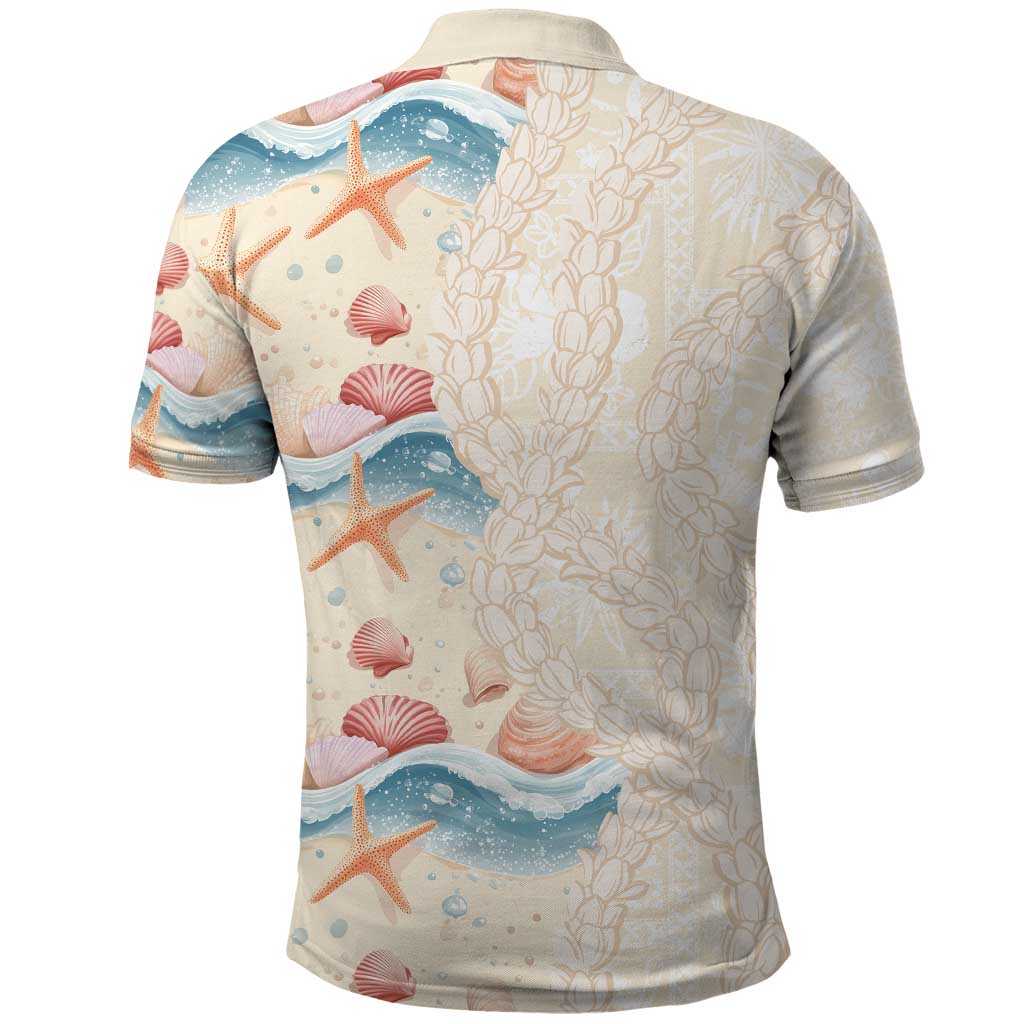 Beige Hawaii Lei Seashells Starfish Polo Shirt Sandy Sylized - Polynesian Pride