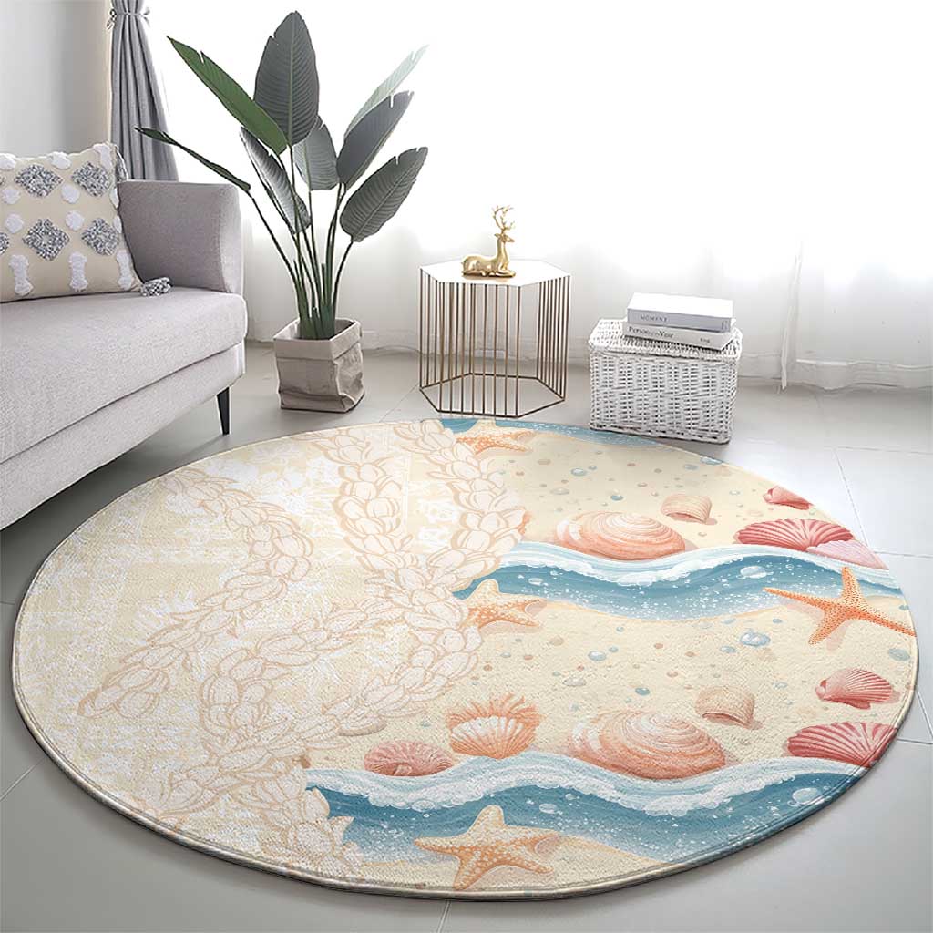 Beige Hawaii Lei Seashells Starfish Round Carpet Sandy Sylized - Polynesian Pride