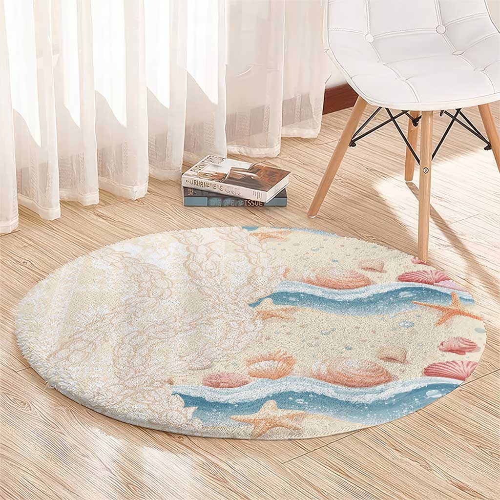 Beige Hawaii Lei Seashells Starfish Round Carpet Sandy Sylized - Polynesian Pride