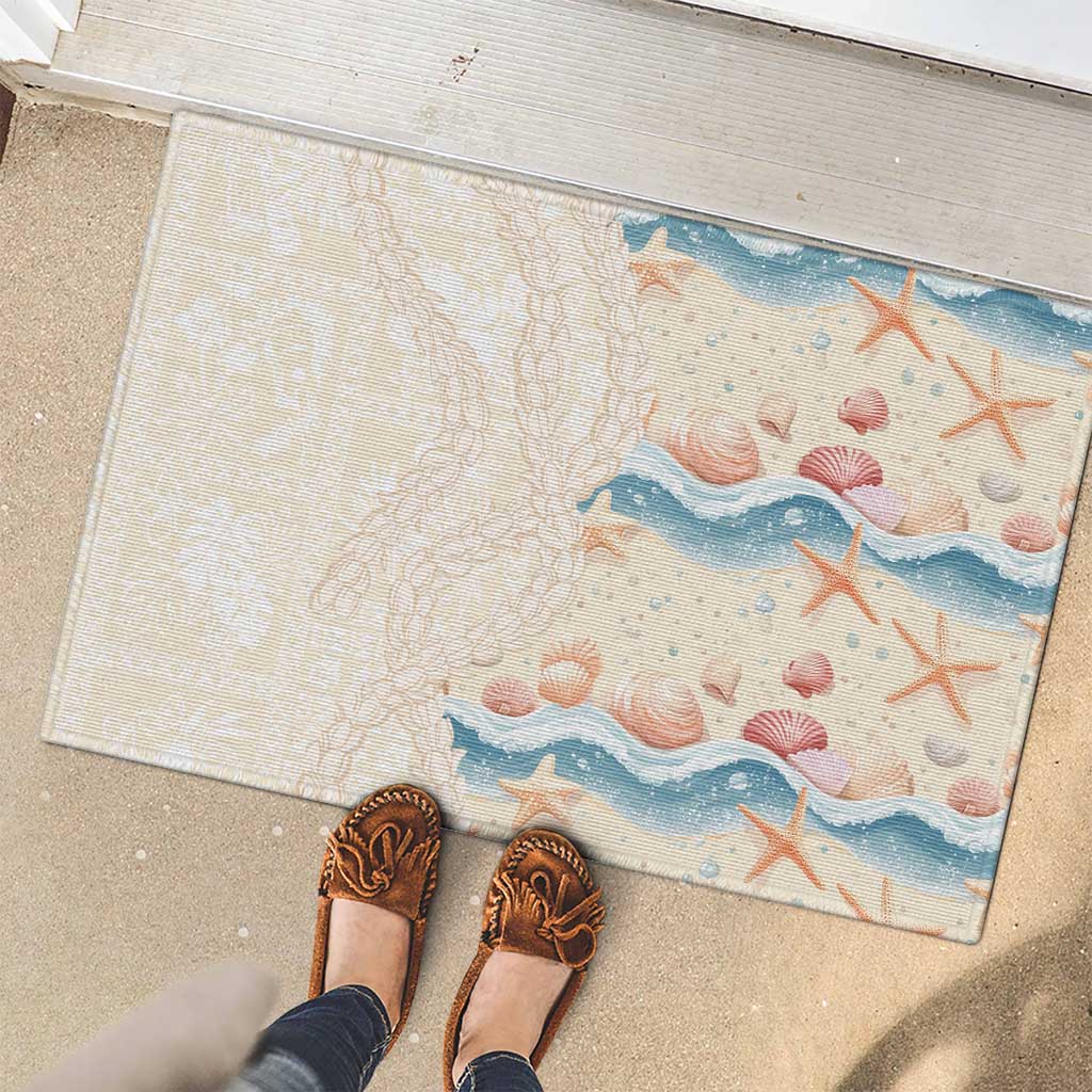 Beige Hawaii Lei Seashells Starfish Rubber Doormat Sandy Sylized - Polynesian Pride
