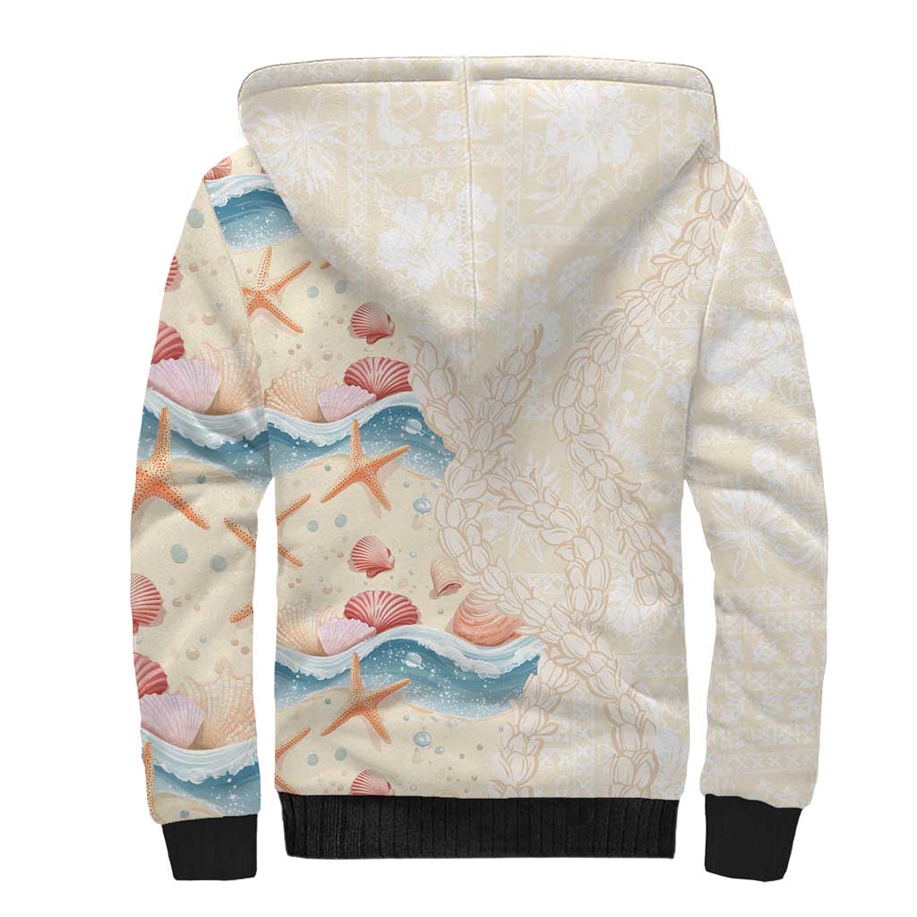 Beige Hawaii Lei Seashells Starfish Sherpa Hoodie Sandy Sylized - Polynesian Pride