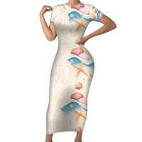 Beige Hawaii Lei Seashells Starfish Short Sleeve Bodycon Dress Sandy Sylized - Polynesian Pride