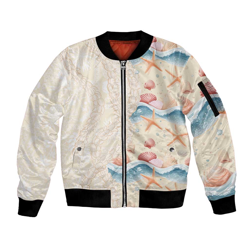 Beige Hawaii Lei Seashells Starfish Sleeve Zip Bomber Jacket Sandy Sylized - Polynesian Pride