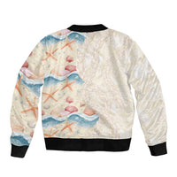 Beige Hawaii Lei Seashells Starfish Sleeve Zip Bomber Jacket Sandy Sylized - Polynesian Pride